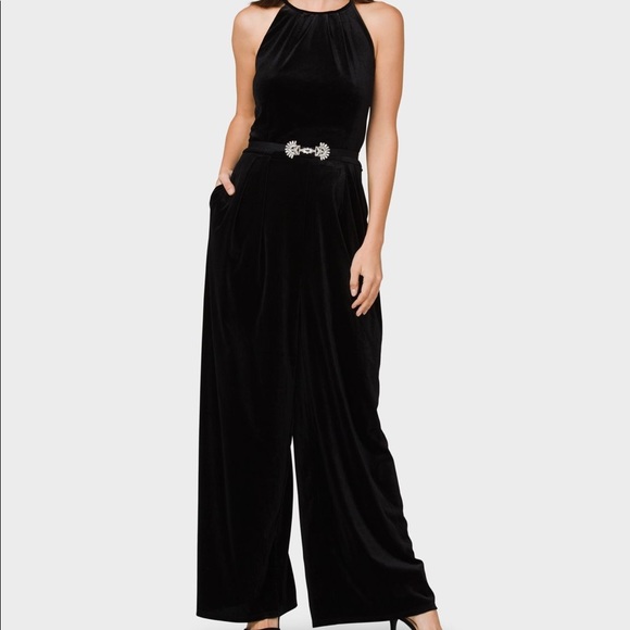 Carmen Marc Valvo Pants - Carmen Marc Valvo Belted Velvet Jumpsuit/ Romper